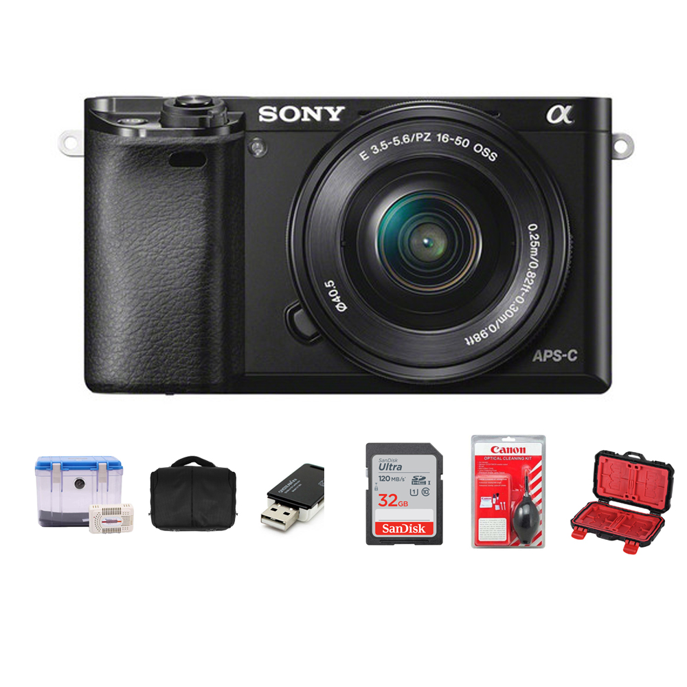 Sony Alpha a6000 Camera with 16-50mm Lens Side Bag Card Holder DryBox Silica Unit Cleaning Kit 32Gb Card And Card Reader
